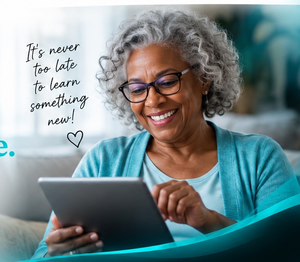 Senior adult learning to use a tablet